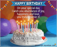 happy birthday on your special day i wish you abundance of joy happiness and love you truly deserve it ! love you son