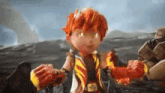 a cartoon character with red hair and red gloves is holding a red object .