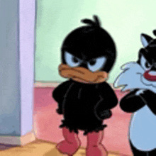 two cartoon characters , a duck and a cat , are standing next to each other .