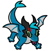 a cartoon drawing of a blue dragon with horns and wings