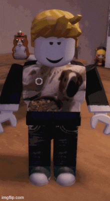 a roblox character has a picture of a dog on their shirt