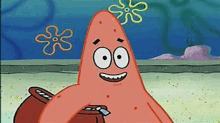 patrick star from spongebob squarepants is smiling while holding a pot .