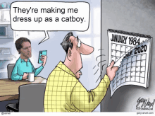 a cartoon shows a man looking at a calendar that says january 1984 on it