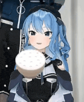 a girl with blue hair is holding a bowl of food