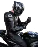 a man sitting on a motorcycle wearing a helmet and a dainese leather suit