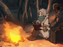 a cartoon drawing of a woman reading a book by a fire