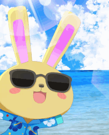 a cartoon bunny wearing sunglasses and a blue shirt with flowers