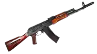 an assault rifle with a wooden handle and a black barrel on a white background