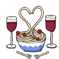 a drawing of a bowl of noodles with meatballs and two glasses of wine