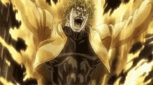 dio from jojo 's bizarre adventure is screaming with his arms outstretched in the air .