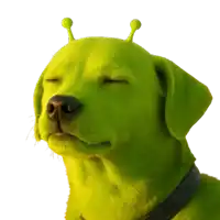 a green dog with a black collar and two green antennas on its head