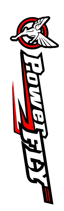 a black and red power fly logo with a bird on it