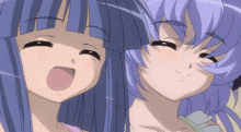 a close up of two anime girls with purple hair