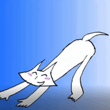 a cartoon drawing of a white cat stretching on a blue background