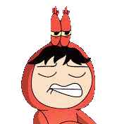 a cartoon character is wearing a red lobster costume and making a face .