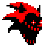 it looks like a pixel art of a bat with red eyes and wings .