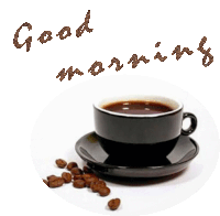 a cup of coffee sits on a saucer next to coffee beans and the words " good morning "