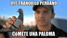 a man is holding a pigeon in his hand with a caption that says oye tranquilo peruano comete una paloma .