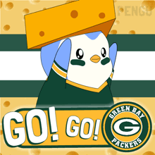 a green bay packers poster with a penguin holding a piece of cheese on its head