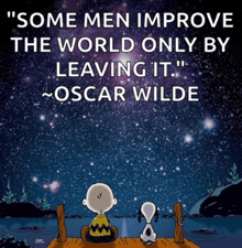 charlie brown and snoopy sitting on a dock under a starry sky