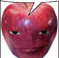 a red apple with a face and a speech bubble above it