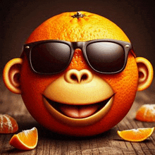 an orange with a monkey face and sunglasses on