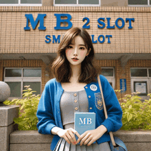 a girl in a blue cardigan is holding a book in front of a building that says mb 2 slot