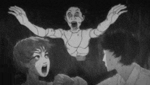 a black and white cartoon of a group of people standing around a ghost .