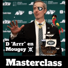 a man in a suit and tie with a pirate eye patch and a pirate ship with the jets on it