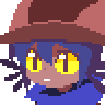 a pixel art drawing of a person wearing a hat with yellow eyes