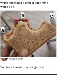 a person is holding a sandwich with a bite taken out of it and the caption which one would be b