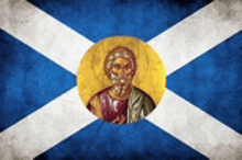 a blue and white flag with a picture of jesus in the center