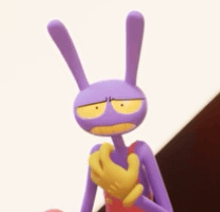 a purple cartoon rabbit with yellow eyes and a yellow glove is sitting down .