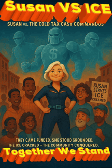 a poster for susan vs ice shows a woman in front of a crowd