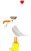 a drawing of a seagull with a paper boat on its head