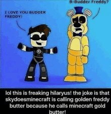 a cartoon of a boy standing next to a golden freddy bear .