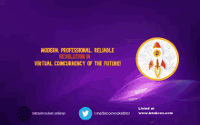 a purple background with a rocket and the words " modern professional reliable revolution in virtual coincurrency of the future "