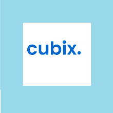 a blue and white logo for cubix on a light blue background