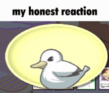 a cartoon duck is sitting on a yellow plate with a caption that says my honest reaction