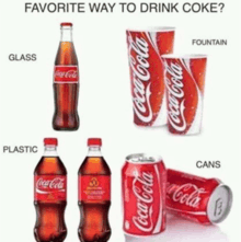 a bottle of coca cola sits next to a can