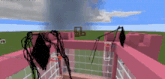 a computer generated image of a pink building with a skeleton in the middle