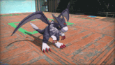 a black and white dragon with red claws is standing on a tile floor