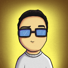 a cartoon drawing of a man wearing glasses and a white sweater