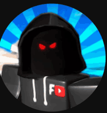 a cartoon character with red eyes and a hoodie that says fd