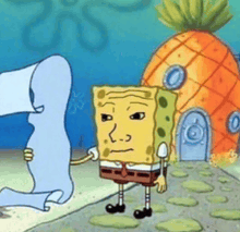 a cartoon of spongebob holding a piece of paper with his face on it