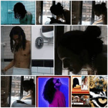 a collage of pictures shows a man taking a shower and a woman looking at herself in a mirror