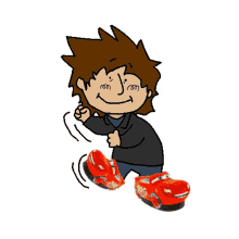 a cartoon of a boy wearing a black shirt and a pair of red cars