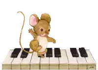 a mouse is jumping over a piano keyboard with the name j.m. below it