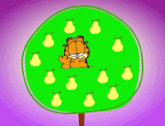 a cartoon of garfield surrounded by pears and a picture of three boys dancing