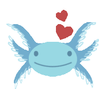 a blue axolotl with two red hearts on its head